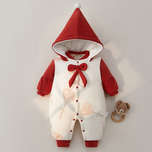 婴儿连体衣冬季 260克男女宝宝保暖衣新生儿夹棉加厚连帽棉衣爬服