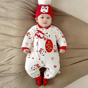 婴儿连体衣新生儿秋冬棉服夹棉加厚保暖满月周岁衣服冬装红色棉服
