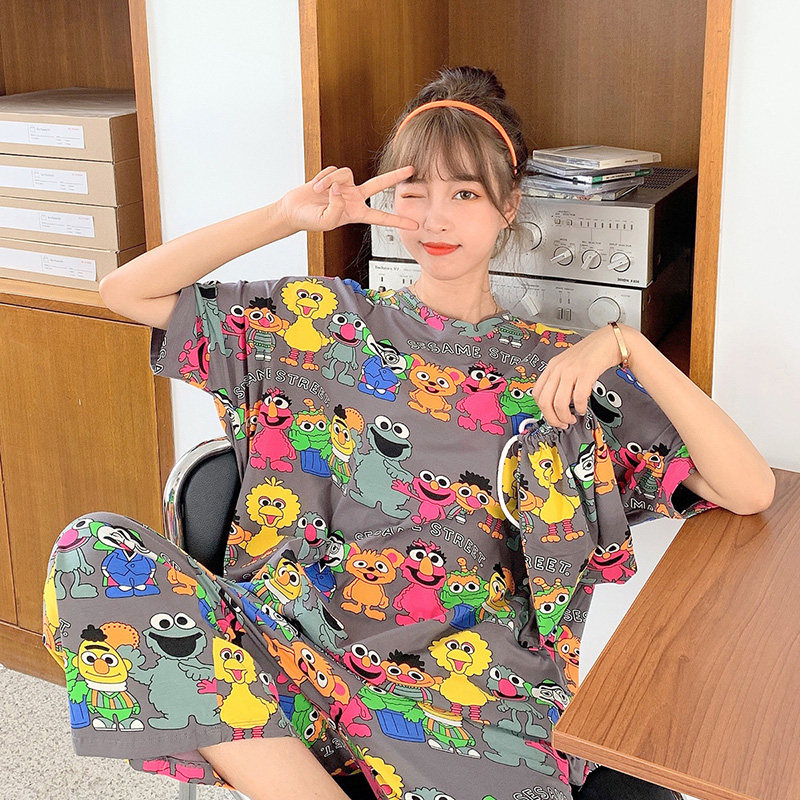 睡衣女2026年新款夏季纯棉薄款卡通芝麻街睡衣大码睡衣胖MM七分裤