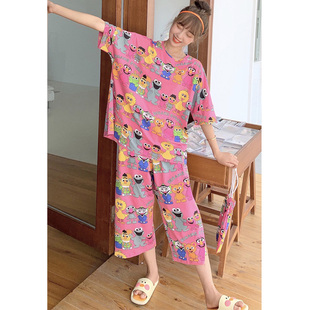 布袋睡衣女夏纯棉睡衣女卡通短袖七分裤大码睡衣夏胖mm家居服ins