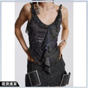 Jaded London水洗做旧pu皮革双排扣千禧辣妹性感低腰半身短裙子女