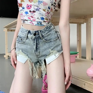 网红新款辣妹撕边破洞牛仔短裤女装夏季韩版2026新款高腰显瘦设计