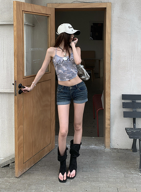 网红新款辣妹封神裤YK2性感低腰烫钻翻边弹力牛仔短裤女热裤