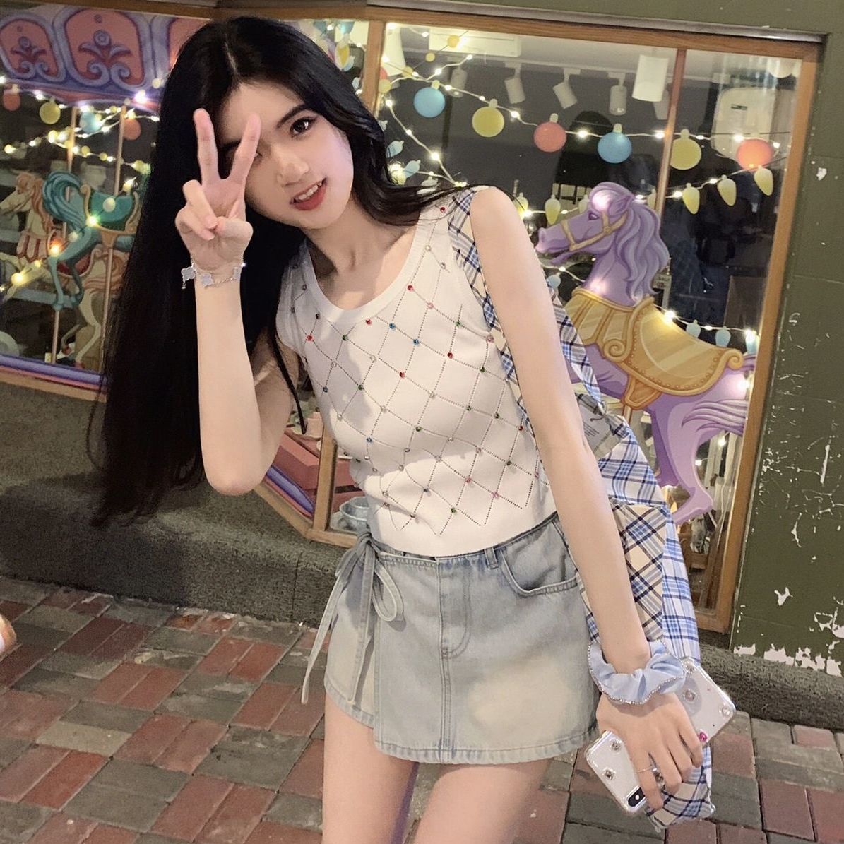 网红新款2026夏季新款复古水洗蓝色做旧牛仔裙裤女高腰假两件半身