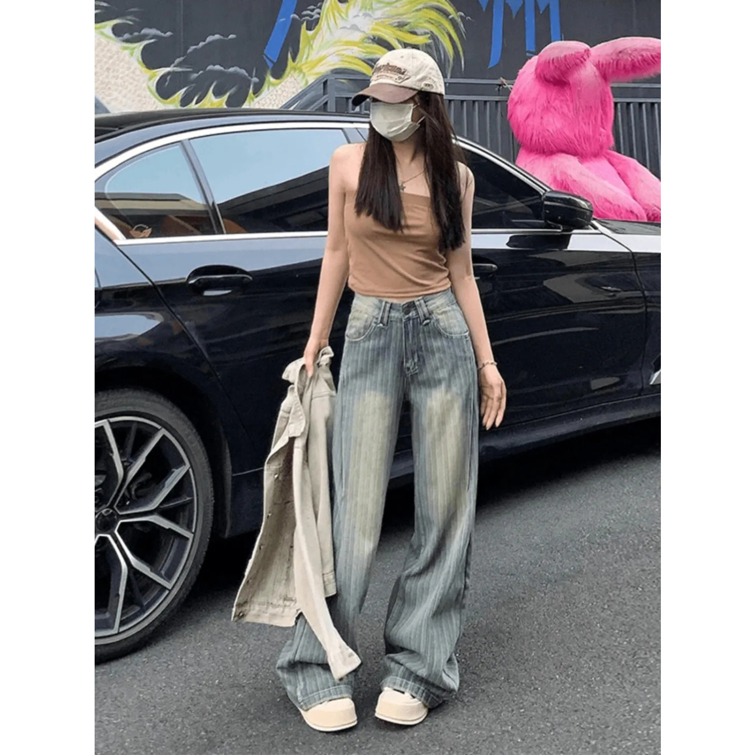 网红新款美式复古条纹设计阔腿牛仔裤女2026夏季爆款宽松直筒拖地