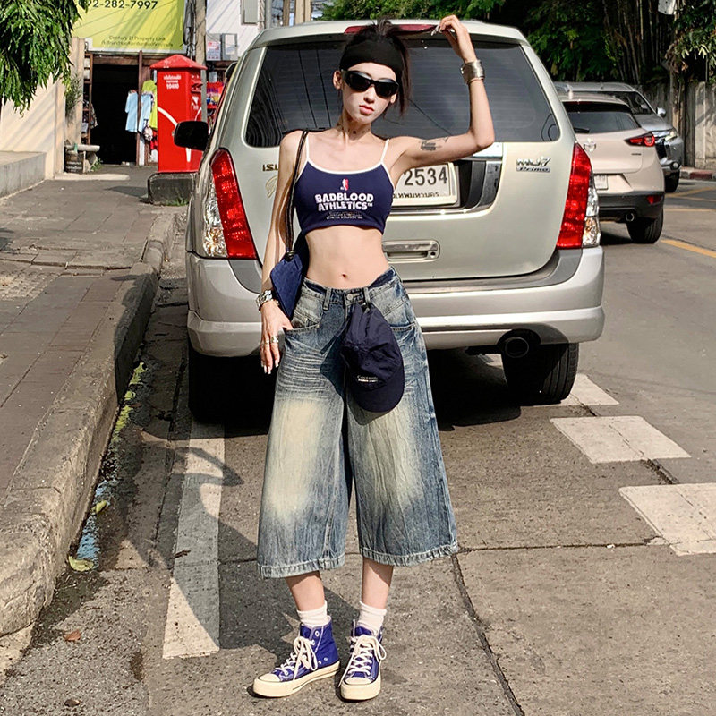 网红新款美式复古牛仔短裤女2026夏季新款直筒低腰五分中裤子七分