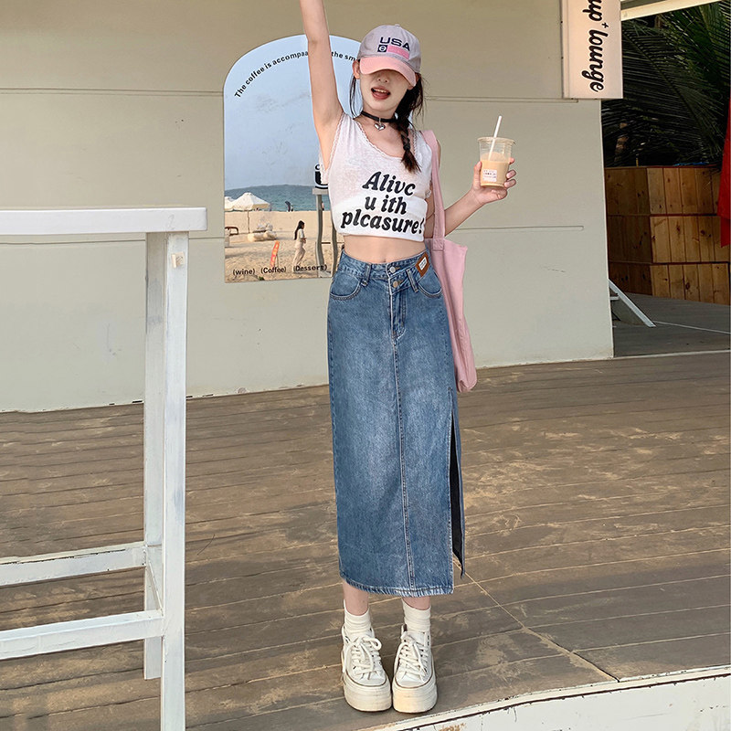 红书推荐牛仔半身裙女中长款小个子设计感小众高腰显瘦开叉a字裙