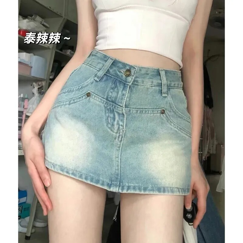 网红新款夏季防走光裙裤辣妹浅色牛仔半身裙女装高腰显瘦半裙包臀
