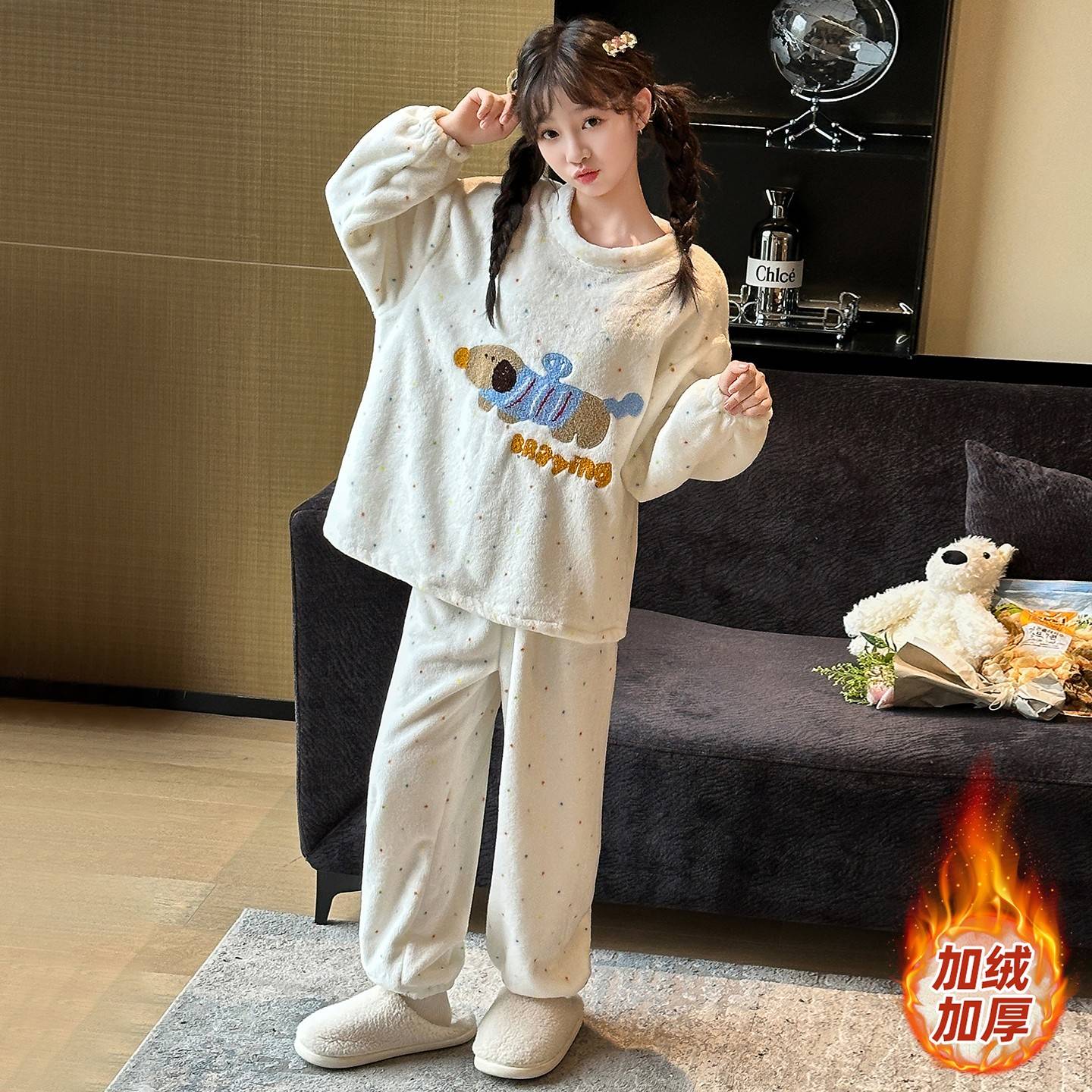 女童睡衣2025新款中大童女孩加厚珊瑚绒套装儿童冬季半边绒家居服