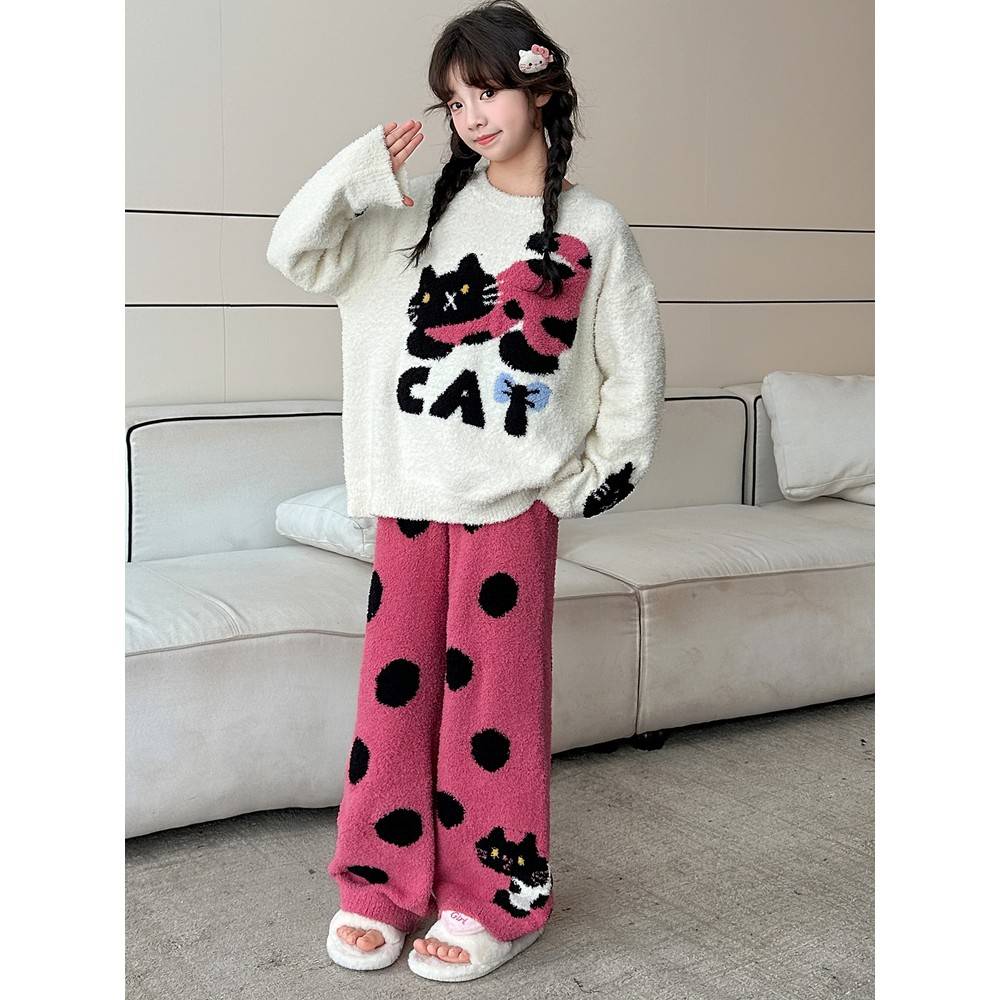 女童睡衣冬季加厚加绒珊瑚绒可爱小猫女孩家半边绒居服套装可外穿