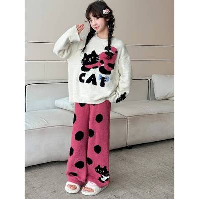 女童睡衣冬季加厚加绒珊瑚绒可爱小猫女孩家半边绒居服套装可外穿