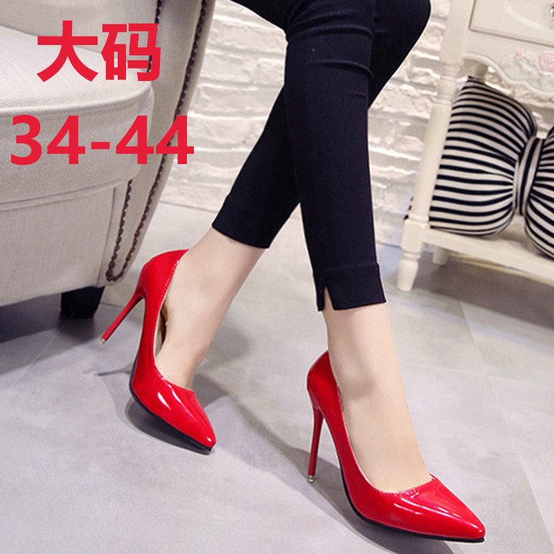大码34-44码超高10cm伪娘高跟鞋细跟尖头单鞋漆皮女装大佬cos用品