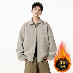 Lesstter秋冬新款男生美式宽松加棉皮夹克男士加厚机车风翻领外套