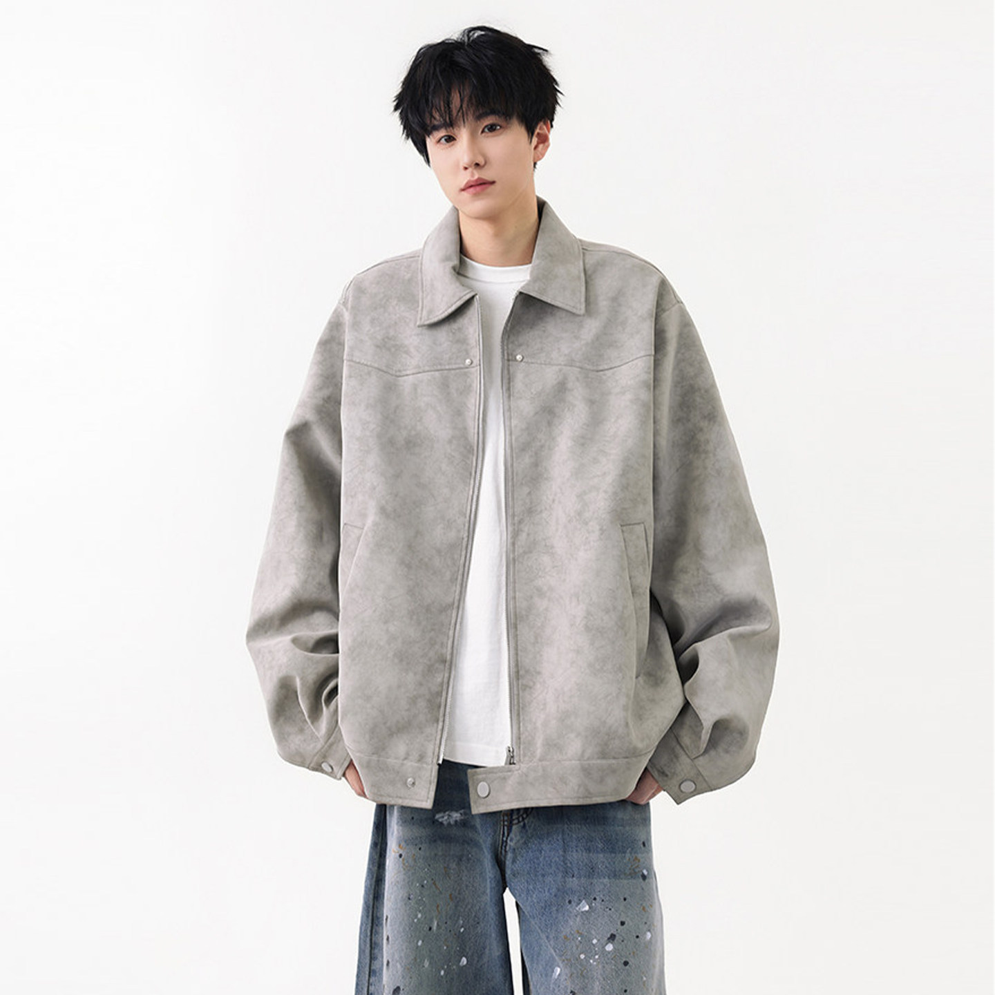 Lesstter春秋季2026新款男生重磅扎染雾面休闲皮夹克男士翻领外套