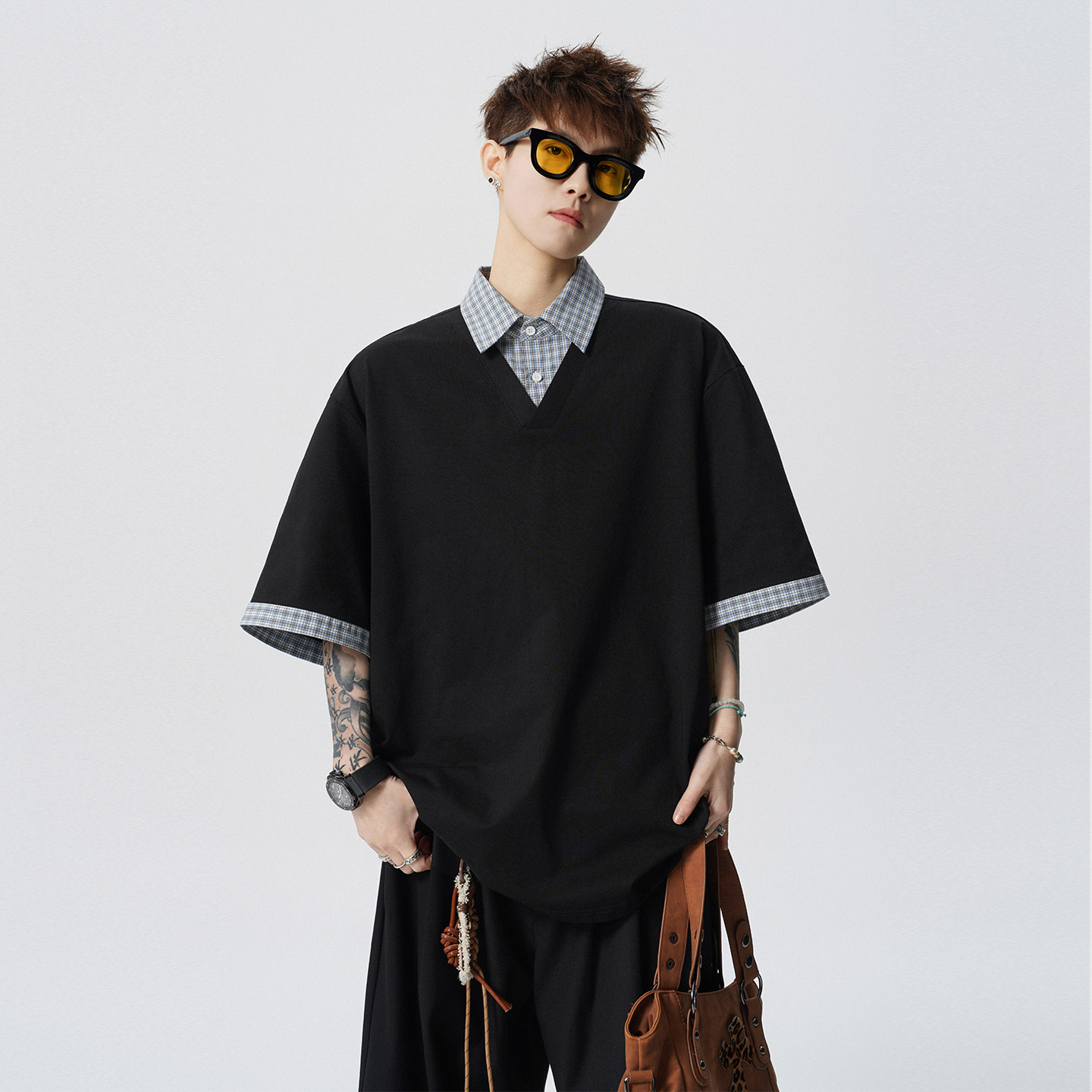 Lesstter夏季新款男生美式宽松假两件短袖T恤男士重磅翻领上衣