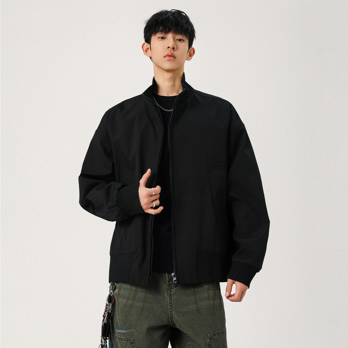 Lesstter春秋季新款男生美式立领飞行夹克外套男士宽松休闲上衣