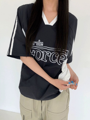 夏季新款韩国运动复古休闲球衣美式撞色尼龙V领工装短袖上衣