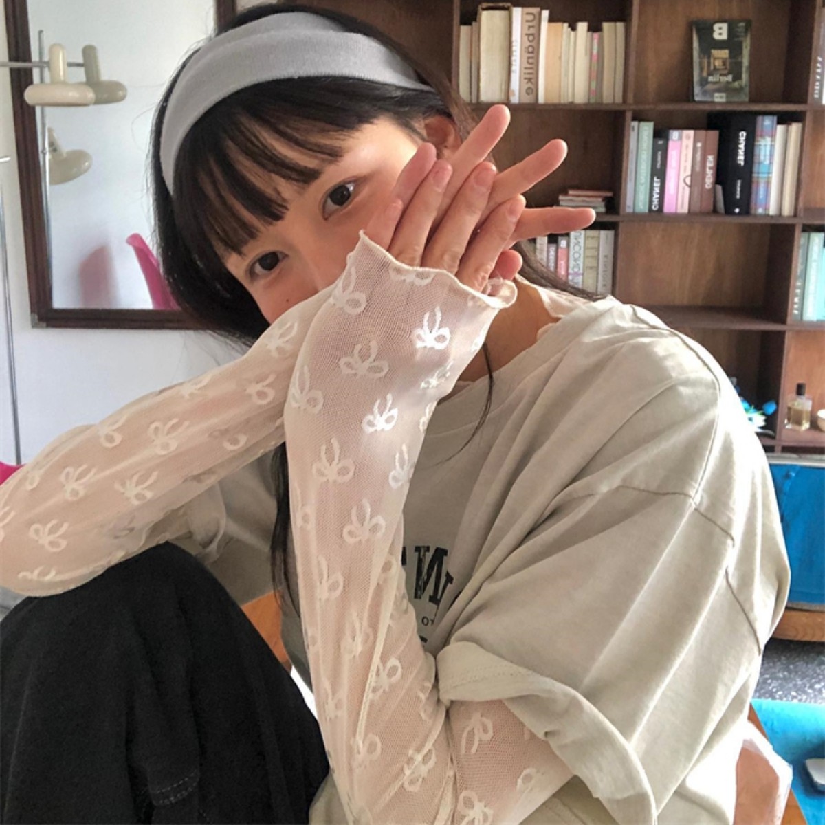 春夏新款韩国ins可爱日系蝴蝶结弹性网纱打底衫长袖T恤内搭