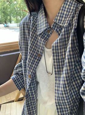韩系复古格子新款衬衫女上衣春秋长袖宽松慵懒外套休闲美式衬衣女