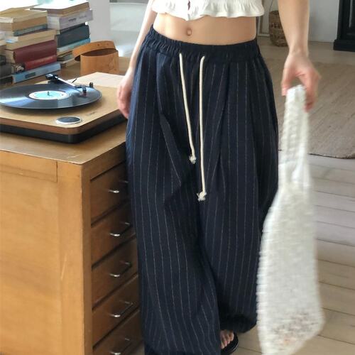夏季色 日系百搭自然棉麻舒适透气宽松竖条纹休闲裤阔腿裤长裤