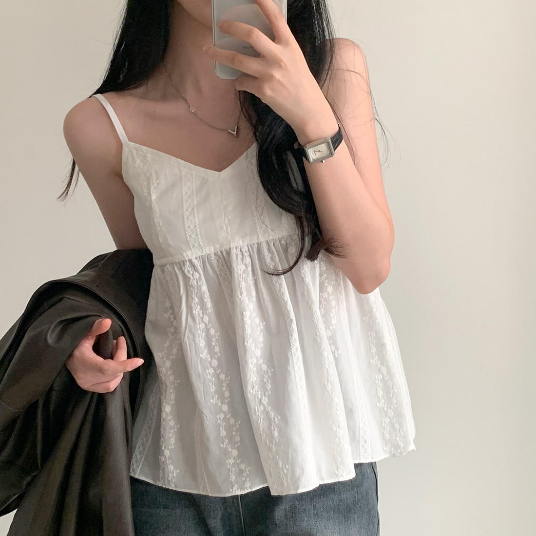 韩国chic 夏日 全棉绣花 吊带背心