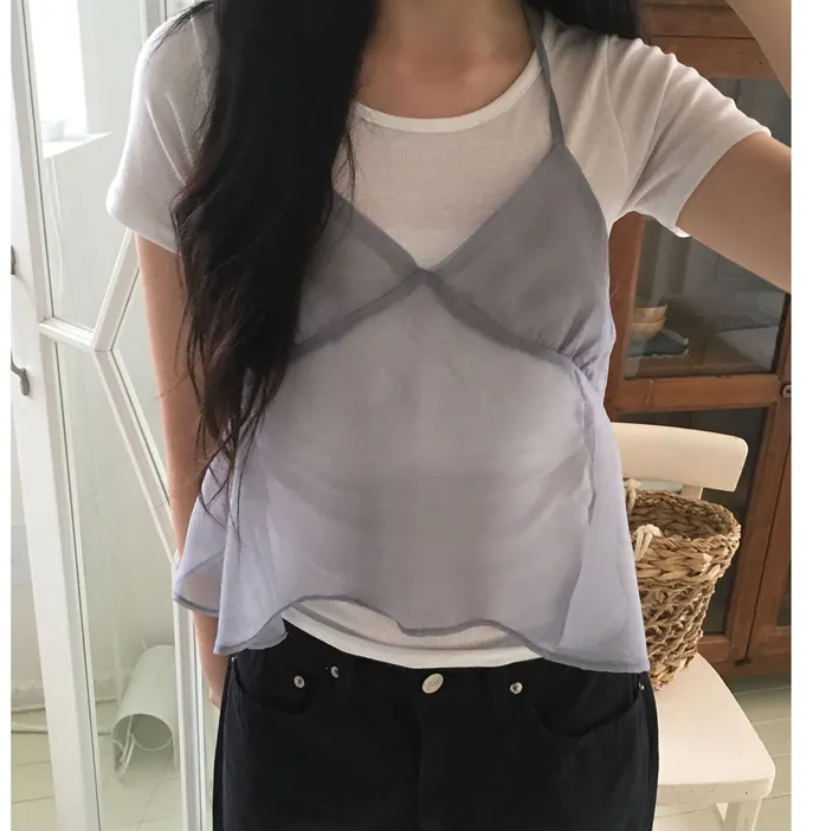 韩国chic 夏日 网纱 雪纺 吊带背心