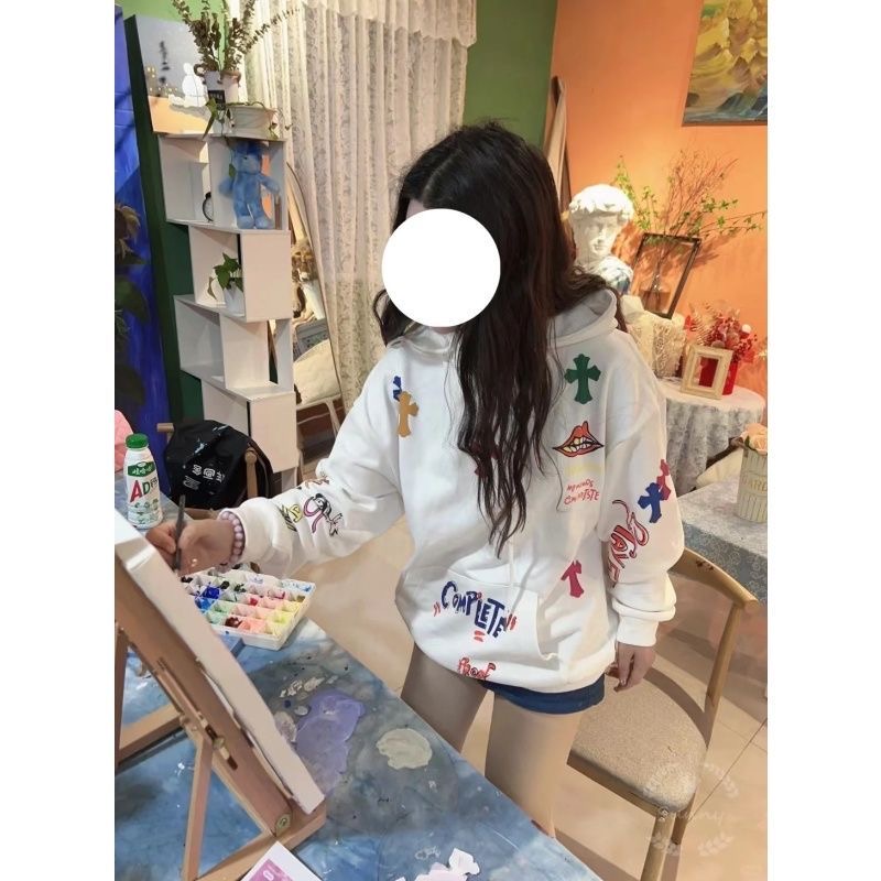 十字架贴皮字母涂鸦卫衣男女快手网红同款宽松休闲长袖潮牌上衣服