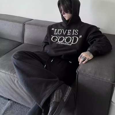秋季新款GOOD珍珠标语刺绣字母连帽卫衣男女潮牌重磅宽松百搭帽衫