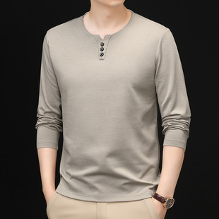 长袖T恤男款V领宽松秋季新款打底衫纯色大码秋衣中年男装上衣体恤