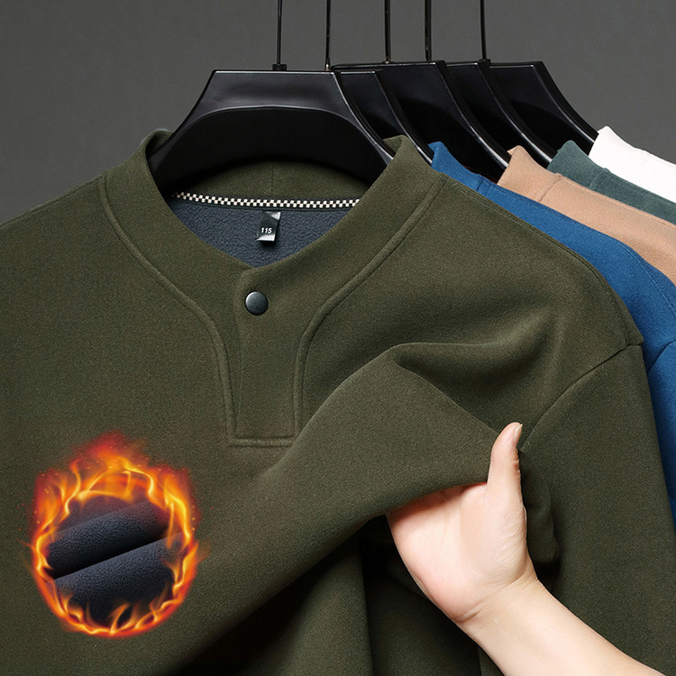 中年纽扣男士卫衣加绒加厚秋冬新款德绒圆领长袖t恤衫高端打底衫