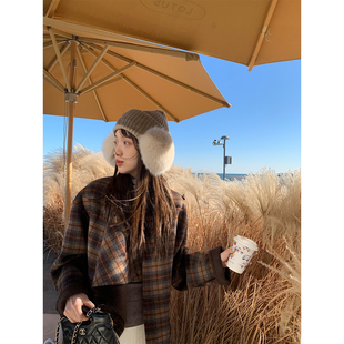 羊毛双面呢外套 自由荡领短款 「城市暮野」围裹式 双面穿格纹大衣