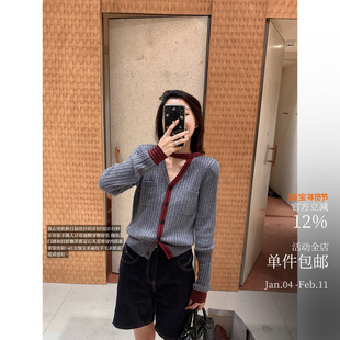 本期挚爱！choker挂脖针织开衫 细支美丽诺羊毛撞色V领飘带毛衣