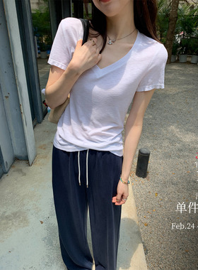 Daily chill天丝竹节亚麻 雾隐微透V领慵懒短袖 夏日伴侣超显瘦
