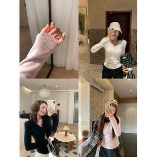 V领 绒绒发热弹力面料修身 柔焦氛围 心机叠穿纯欲蕾丝拼接打底衫