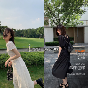 一条小白裙和小黑裙~隐约镂空美感 后背u领绑带连衣裙 水溶绣花