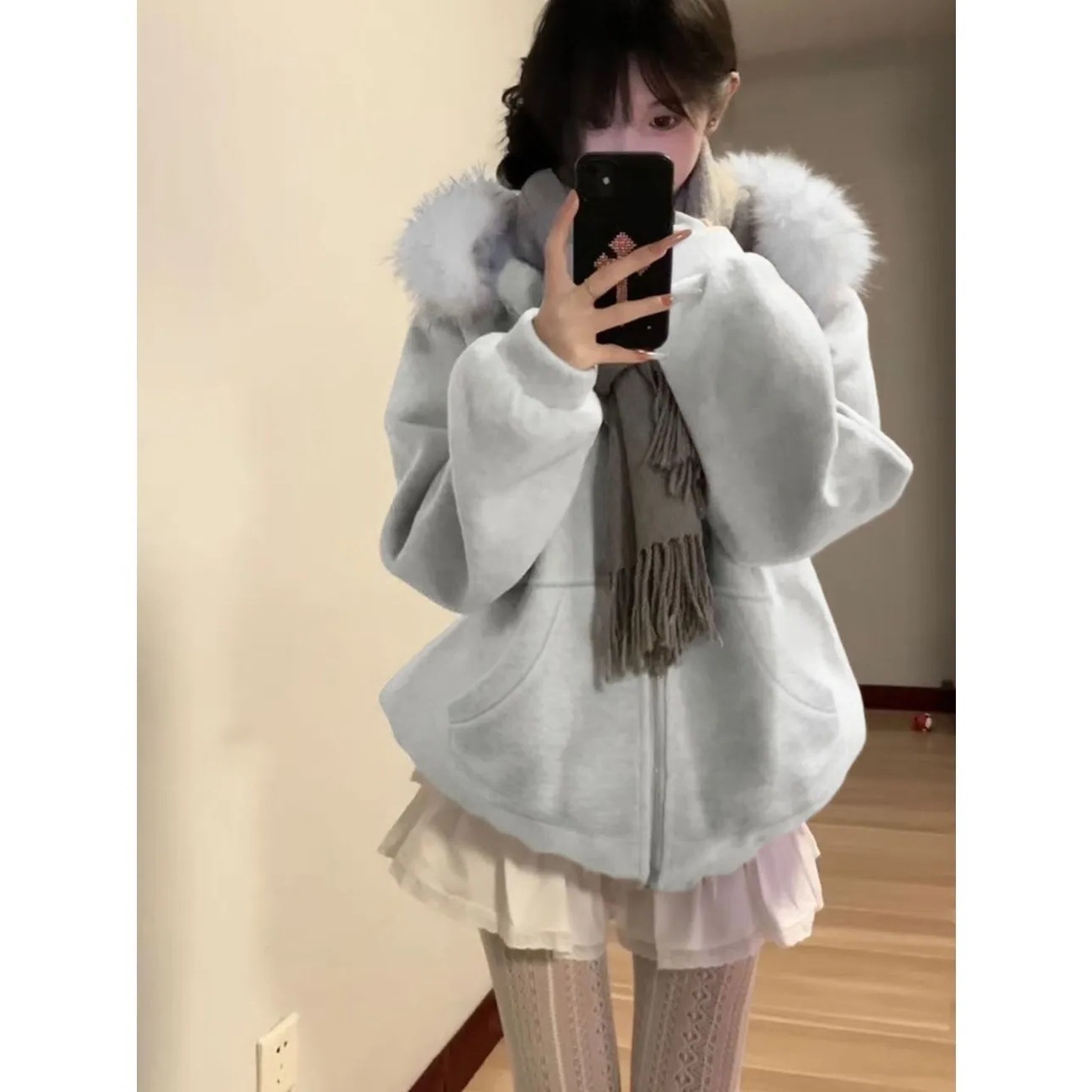 甜美加厚连帽毛领呢子大衣女秋冬季新款冬季贵气蓝色卫衣外套