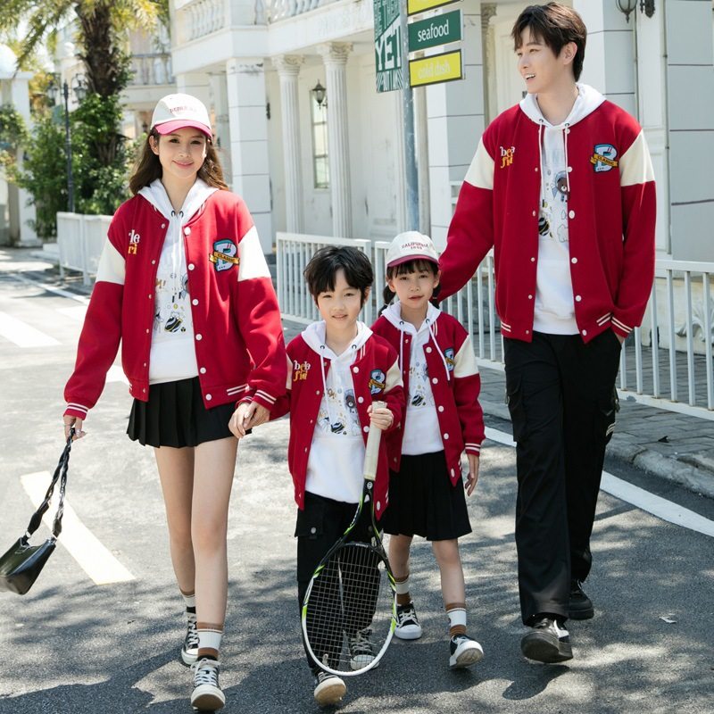 2025安可拉红秋冬亲子装加绒棒球服外套一家三口母女潮牌加厚卫衣