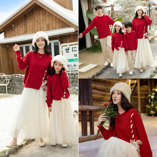 2025秋冬新款法式甜美亲子装毛衣一家四口过年外套网红炸街母女装