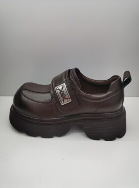 轩美诗//厚底乐福鞋女真皮魔术金属扣松糕鞋英伦风增高皮鞋70531