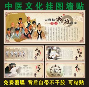 中医文化大医精诚墙贴 五行养生五禽戏画医院妙手回春挂图穴位图