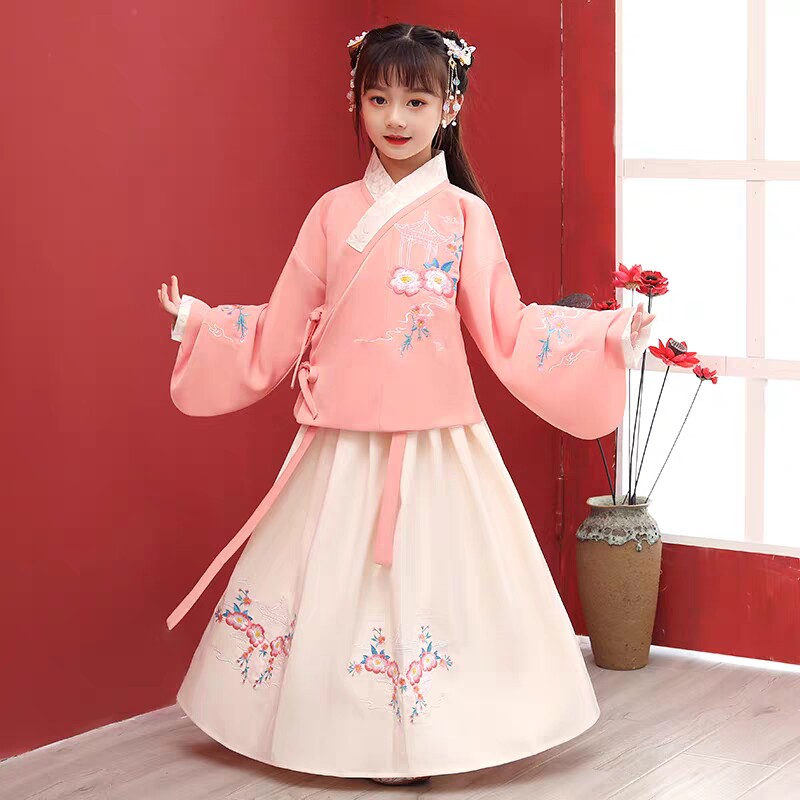 汉服女童古装明制袄裙夏装春秋唐装古代儿童襦裙粉色表演超仙套装