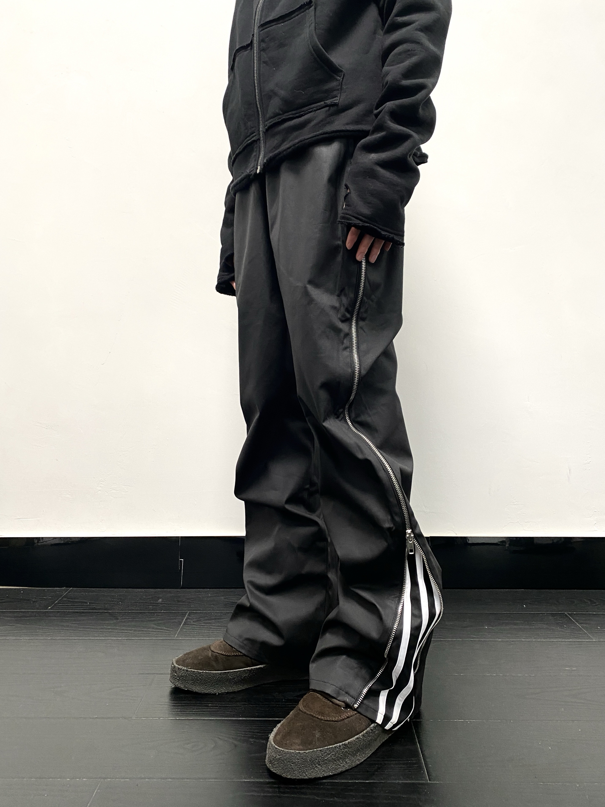 传奇商行legend美式高街原创蜡面拉链条纹男女hiphop潮牌微喇长裤