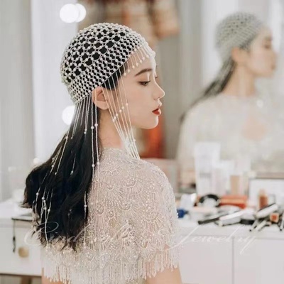 新款手工串珠复古时尚头饰甜美包头帽网红珍珠流苏镂空发饰品帽子