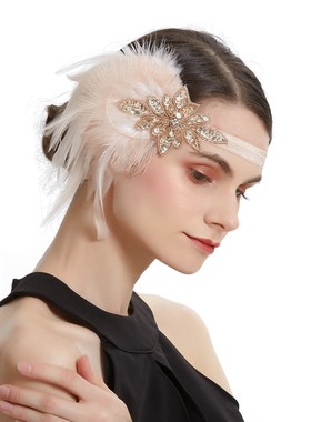 新款复古香槟色羽毛发带盖茨比90年代晚宴会舞会发饰发带新娘头饰