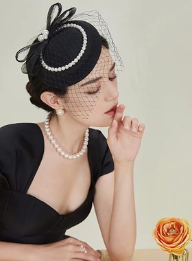新款赫本复古网纱钉珠小礼帽宴会酒会年后头发饰品旗袍配饰头发箍