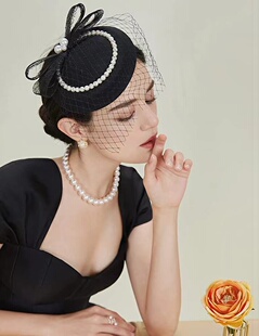 新款赫本复古网纱钉珠小礼帽宴会酒会年后头发饰品旗袍配饰头发箍