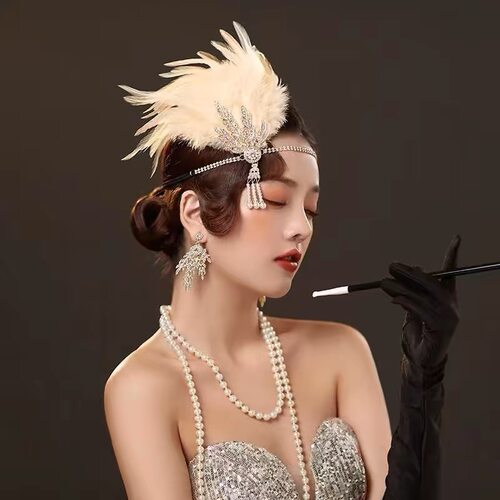 1920S羽毛发带头带 新娘头饰配饰晚宴会舞会派对合金镶钻复古发饰