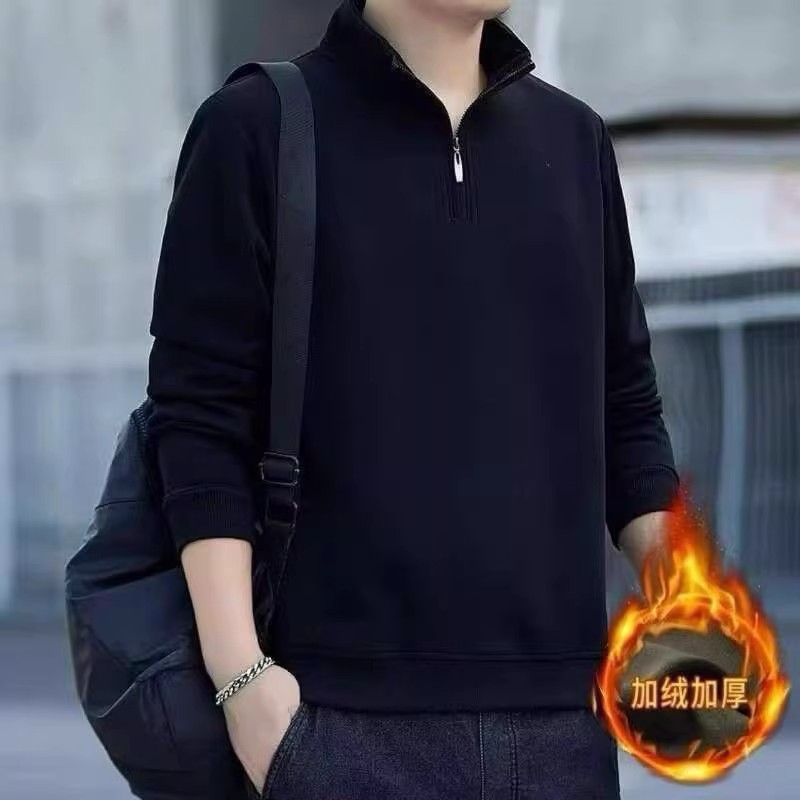 春秋新款简约拼接半拉链立领卫衣男士高级时尚纯色宽松休闲打底衫