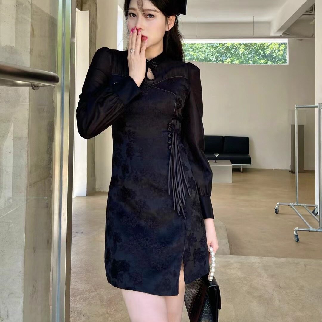 旗袍年轻款少女春秋新复古真丝盘扣高腰显瘦提花气质A字裙女