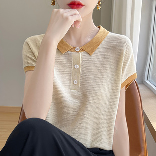 夏季 寬松冰絲針織上衣 大碼 娃娃領短袖 女裝 薄款 t恤女2025新款 時尚